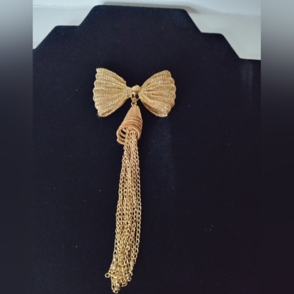 Bow Pendant Gold Tone Mesh Metal With Chain Fringe Tassel Pendant Only Vintage - Picture 1 of 5